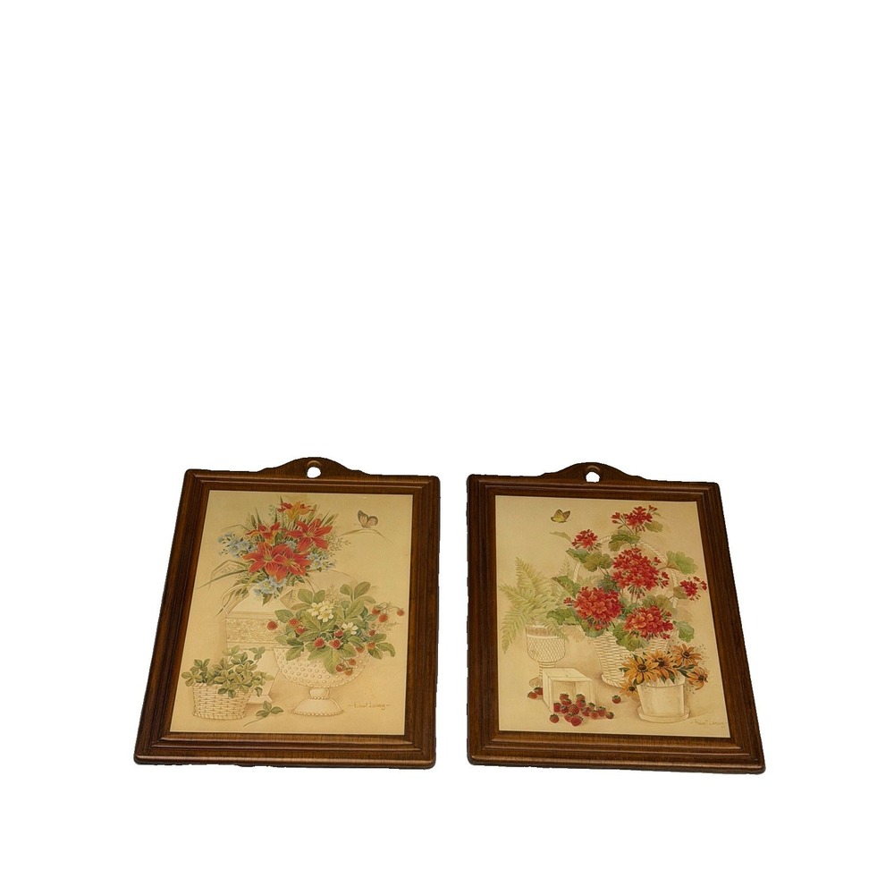 Vintage 1970s Robert Laessig Wooden Plaques Floral Art Print MCM 7" x 9"